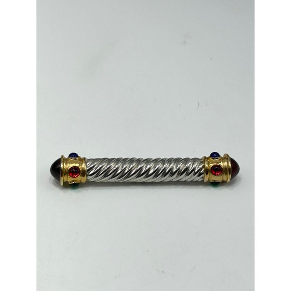 80s 90s Jeweled Bar Pin Brooch Two Tones Silver Gold Jewel Tones Glass Cabochons - Picture 2 of 7